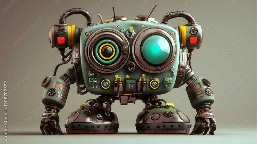 Naklejka premium A 3D Rendered Illustration of a Quirky, Steampunk Robot Stands Confidently on Large, Rounded Feet
