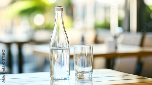 Glass water bottle and empty glass on outdoor cafe table