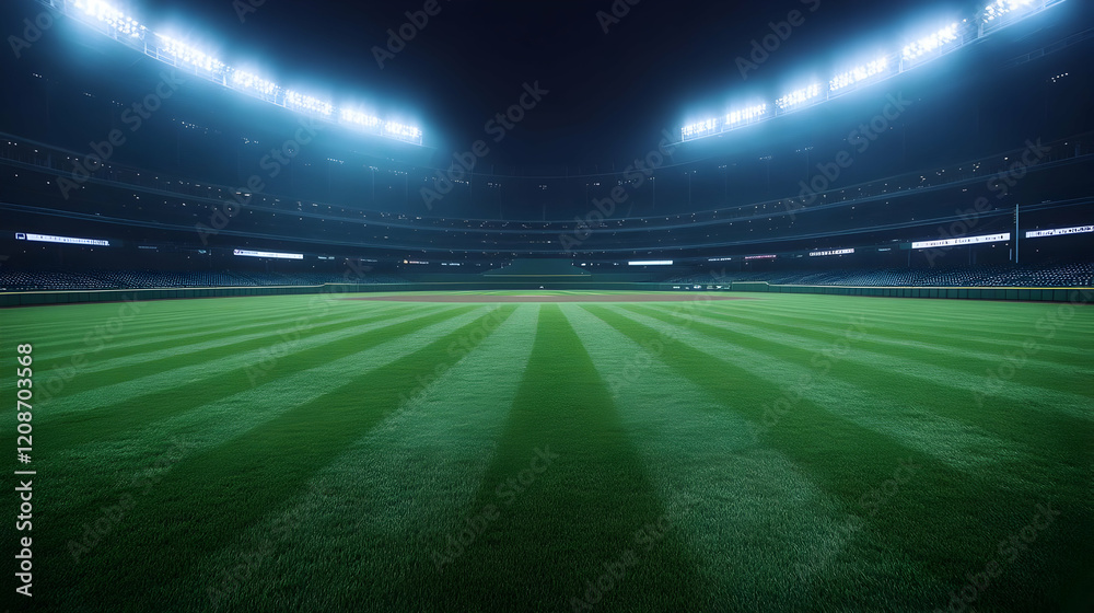 Empty Baseball Stadium Field with Bright Lights Illuminates the Lush Green Grass at Night Empty Baseball Stadium Field with Bright Lights Illuminates the Lush Green Grass at Night
