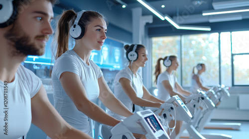 Modern fitness class with individuals exercising on stationary bikes, wearing headphones and focused on their workout. environment is bright and motivating photo