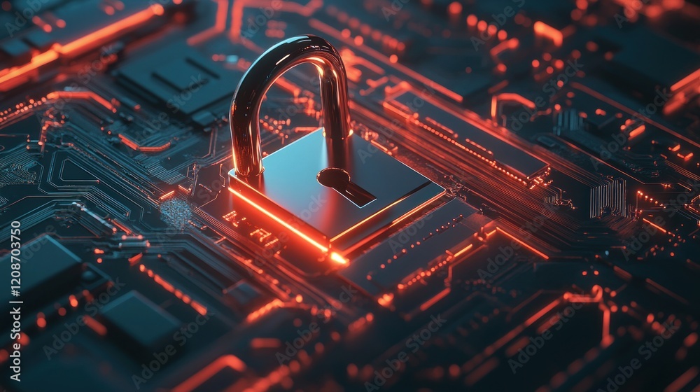 Cyber Security Concept with Padlock on Circuit Board