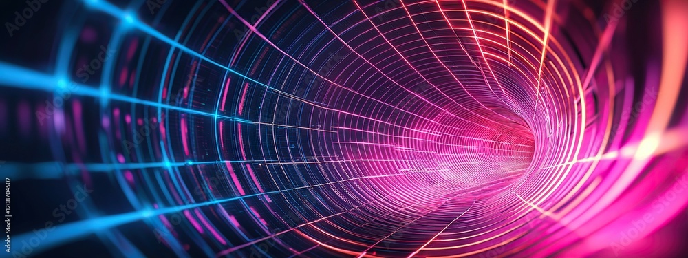 Fototapeta premium Explore the vibrant neon tones of an infinite digital tunnel with glowing lines