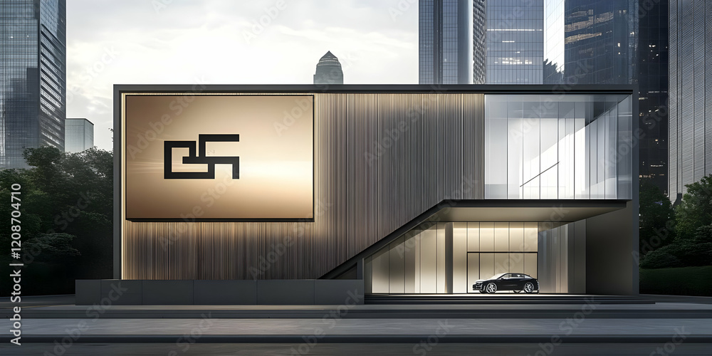 Fototapeta premium Modern Building Exterior Design with Large Sign and Car Parked Outside in City Setting
