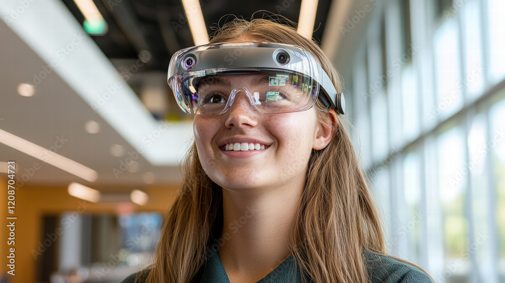 Student wearing augmented reality glasses, exploring virtual technology in modern educational environment, showcasing innovation and engagement Student wearing augmented reality glasses, exploring virtual technology in modern educational environment, showcasing innovation and engagement