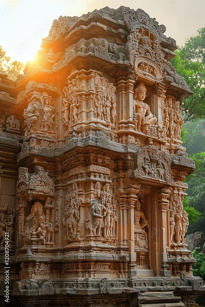 Intricate stone carvings adorn ancient temple corner. Intricate stone carvings adorn ancient temple corner.