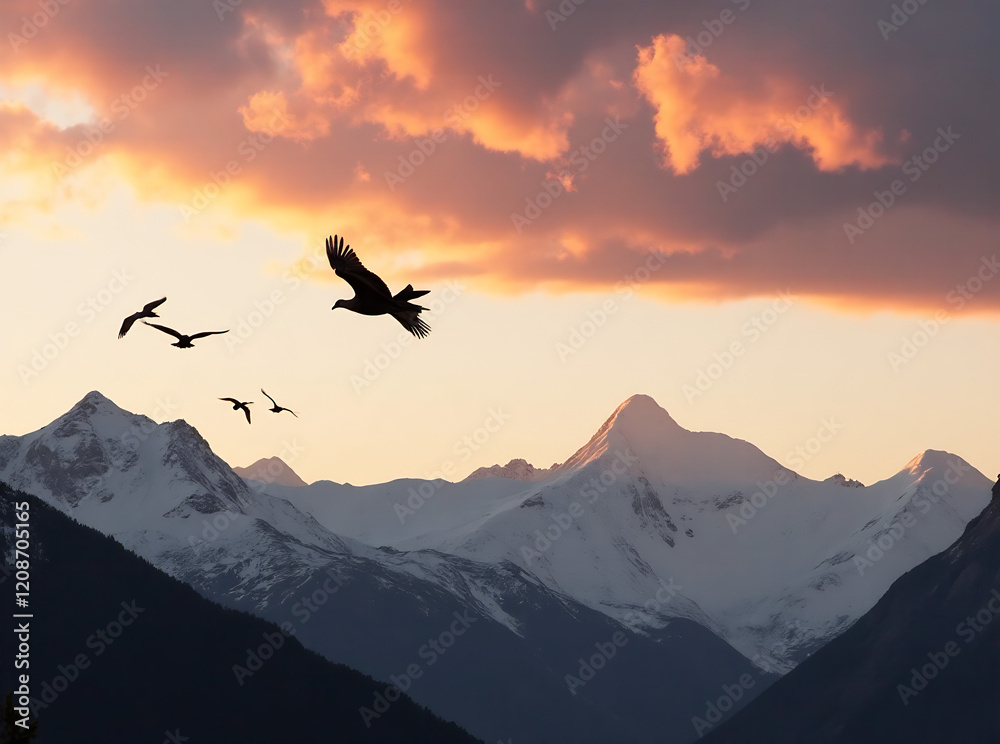 Black silhouette of an Andean condor soaring over snow-capped Andes mountains in Chile, dramatic lighting, high depth of field, ethereal mood, vibrant atmosphere, photorealistic style, professional Black silhouette of an Andean condor soaring over snow-capped Andes mountains in Chile, dramatic lighting, high depth of field, ethereal mood, vibrant atmosphere, photorealistic style, professional