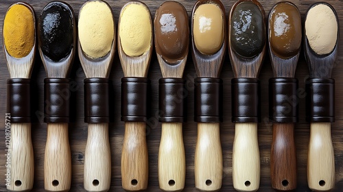 Wooden Spoons Displaying Various Shades Of Brown And Yellow Powders photo