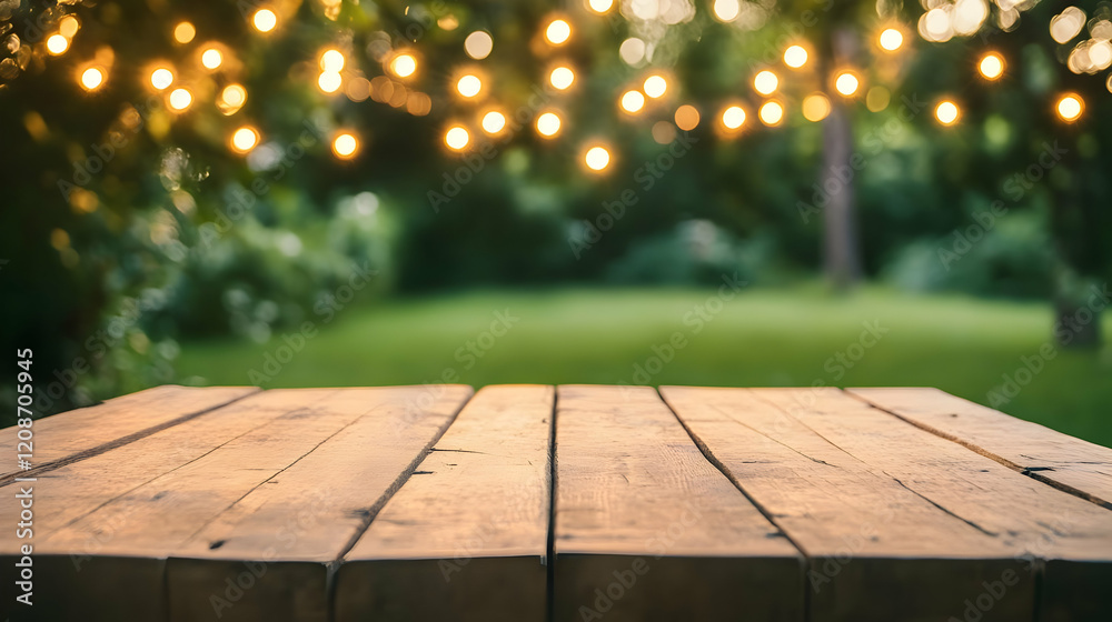 Empty Wooden Table Presents Blurry Garden with String Lights Background Displaying Lush Greenery Empty Wooden Table Presents Blurry Garden with String Lights Background Displaying Lush Greenery
