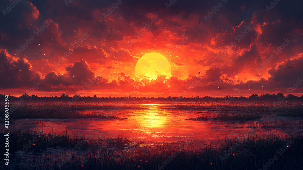 Fototapeta premium Fiery Sunset Over Still Marshland Water