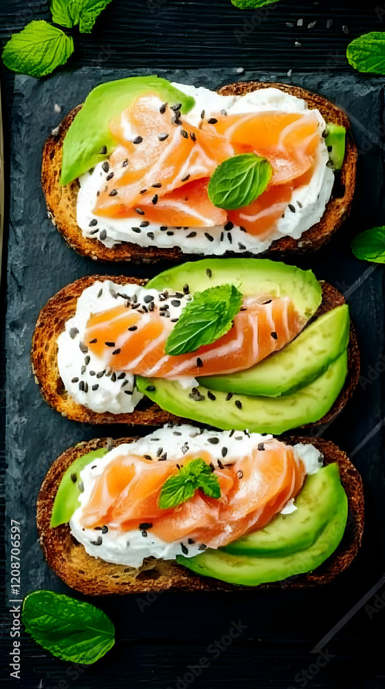 Delicious Toasts with Smoked Salmon, Cream Cheese, and Avocado Slices with Mint Leaves Beautifully Arranged Delicious Toasts with Smoked Salmon, Cream Cheese, and Avocado Slices with Mint Leaves Beautifully Arranged