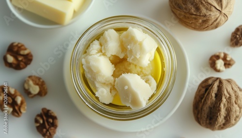 Shea butter oil natural essential for skincare or other on glass jar