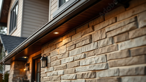 Modern House Exterior with Stone Brick Wall and Subtle Lighting: A Showcase of Architectural Design