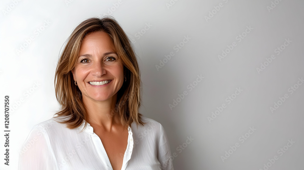 Happy middle-aged woman smiling, studio portrait, white background, professional headshot Happy middle-aged woman smiling, studio portrait, white background, professional headshot