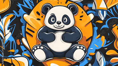 Happy panda sitting on orange circle, vibrant background, kids illustration, for apparel or cards photo