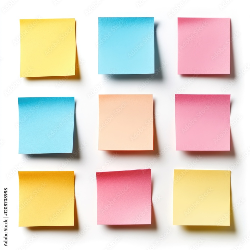 Stack of Colored Sticky Notes in Pink, Yellow, and Blue Stack of Colored Sticky Notes in Pink, Yellow, and Blue