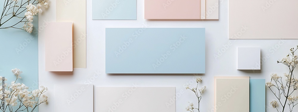 Mockup design of branding materials featuring pastel business cards and banners Mockup design of branding materials featuring pastel business cards and banners