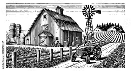 rural farm scene. The image features a rustic barn with a pitched roof engraving black and white outline