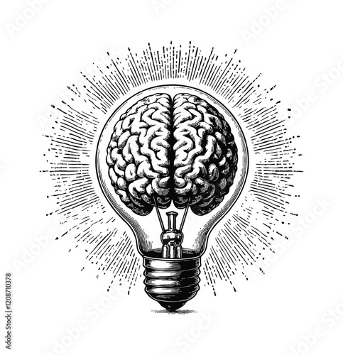 lamp bulb brain engraving black and white outline