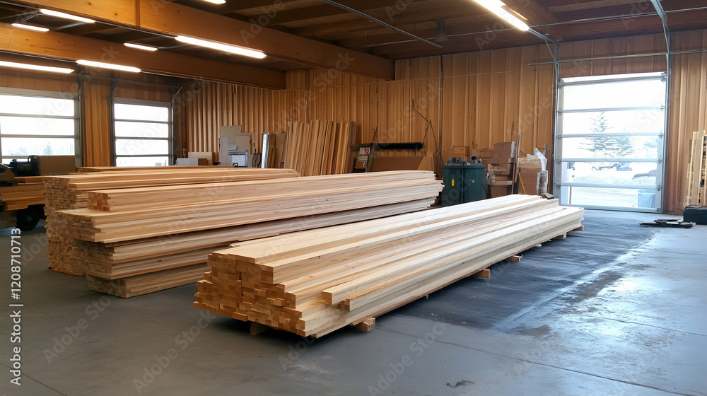 Lumber stacked in a warehouse, ready for construction projects Lumber stacked in a warehouse, ready for construction projects