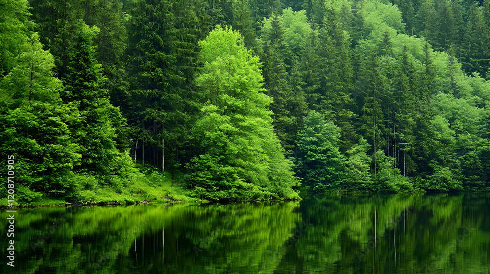 Lush green forest reflecting in calm lake water; tranquil nature scene, perfect for travel brochures Lush green forest reflecting in calm lake water; tranquil nature scene, perfect for travel brochures