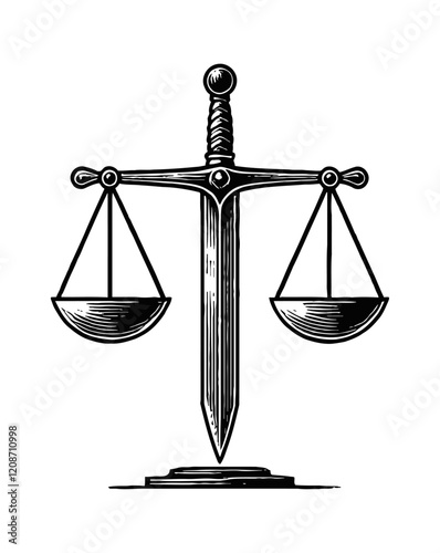 sword scale justice engraving black and white outline
