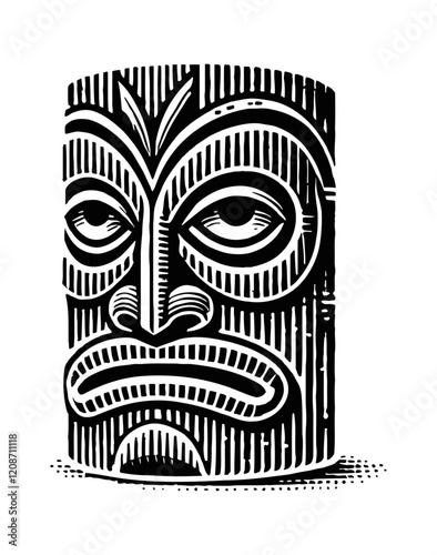 traditional Hawaiian tribal tiki engraving black and white outline