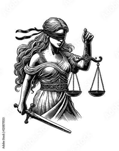 Lady Justice in a frontal pose, blindfolded, holding scales in one hand and a sword in the other engraving black and white outline