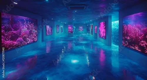Underwater-themed gallery with vibrant coral reef images displayed on large screens.