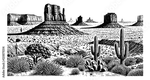 Monument Valley desert landscape engraving black and white outline