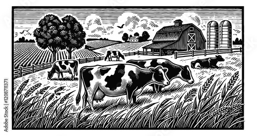 dairy cows grazing in a field landscape engraving black and white outline