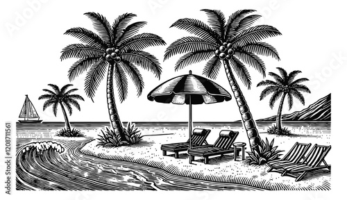beach landscape chair umbrella palm tree engraving black and white outline