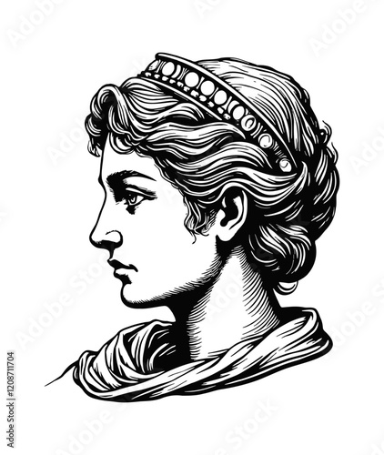 athena portrait engraving black and white outline