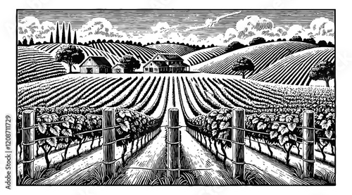 vineyard landscape engraving black and white outline