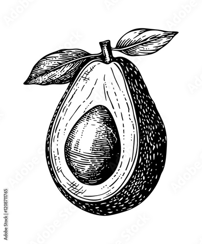 avocado engraving black and white outline