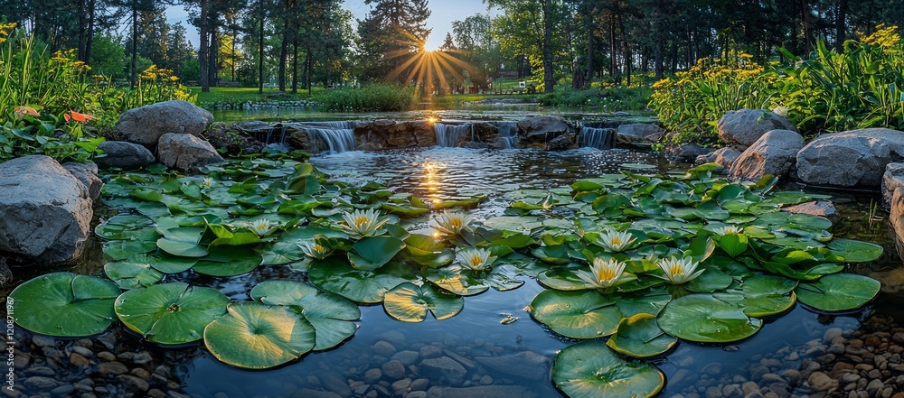 Sunset park pond lily pads waterfall. Peaceful nature scene Sunset park pond lily pads waterfall. Peaceful nature scene
