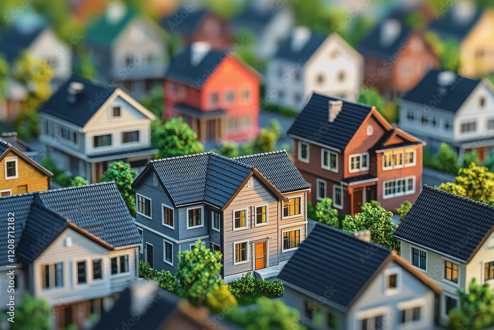 Model of residential houses with green trees in the background showcasing suburban neighborhood architecture and landscape design Model of residential houses with green trees in the background showcasing suburban neighborhood architecture and landscape design