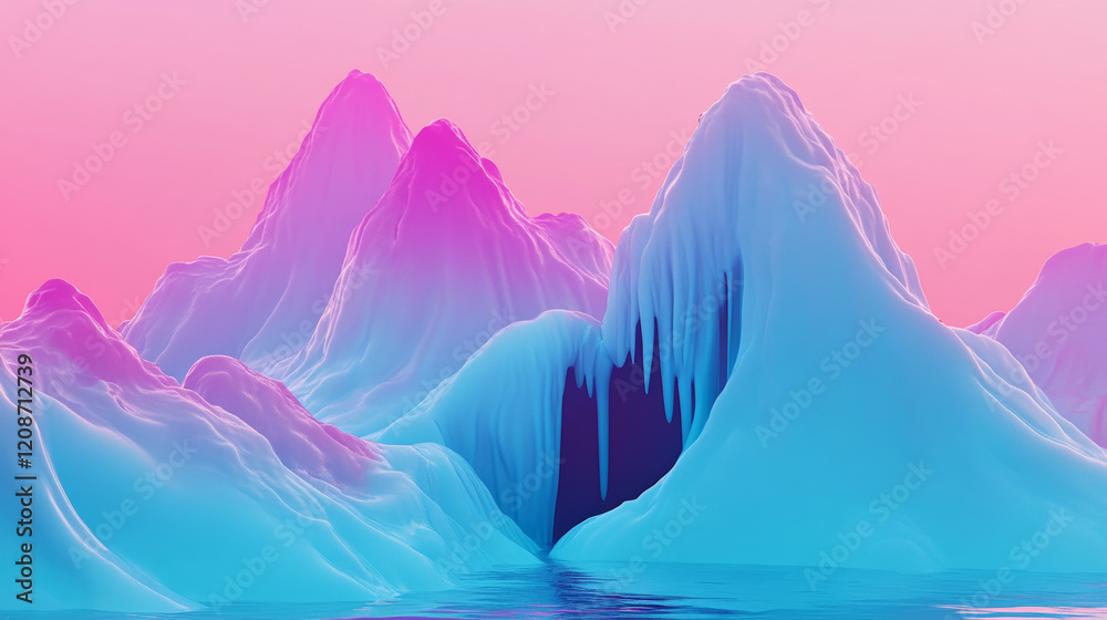 Surreal icy mountains with pink sky Surreal icy mountains with pink sky