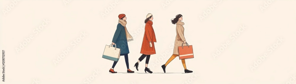 Three Women Shopping, Smiling, Winter Fashion, Beige Background
