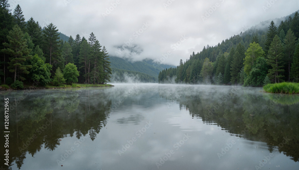 Misty forest lake with reflections in early morning light Misty forest lake with reflections in early morning light
