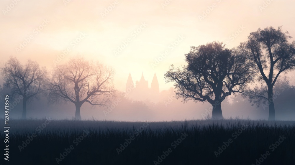 Misty sunrise landscape with bare trees and distant buildings. Misty sunrise landscape with bare trees and distant buildings.