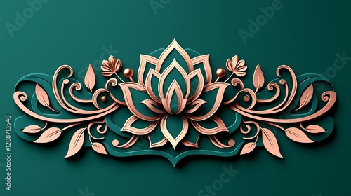 Elegant rose gold lotus flower and floral design on teal background.