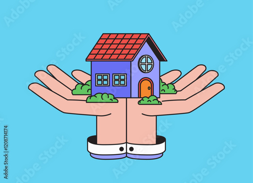 House nestled in hands, symbolizing care and security, ideal for real estate or home services hand drawn illustration vector