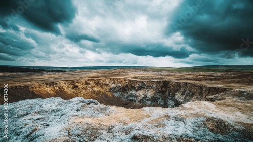 Massive meteor crater surrounded by cracked barren terrain under dramatic cloudy sky, showcasing the immense scale and raw power of natural geological formations. photo