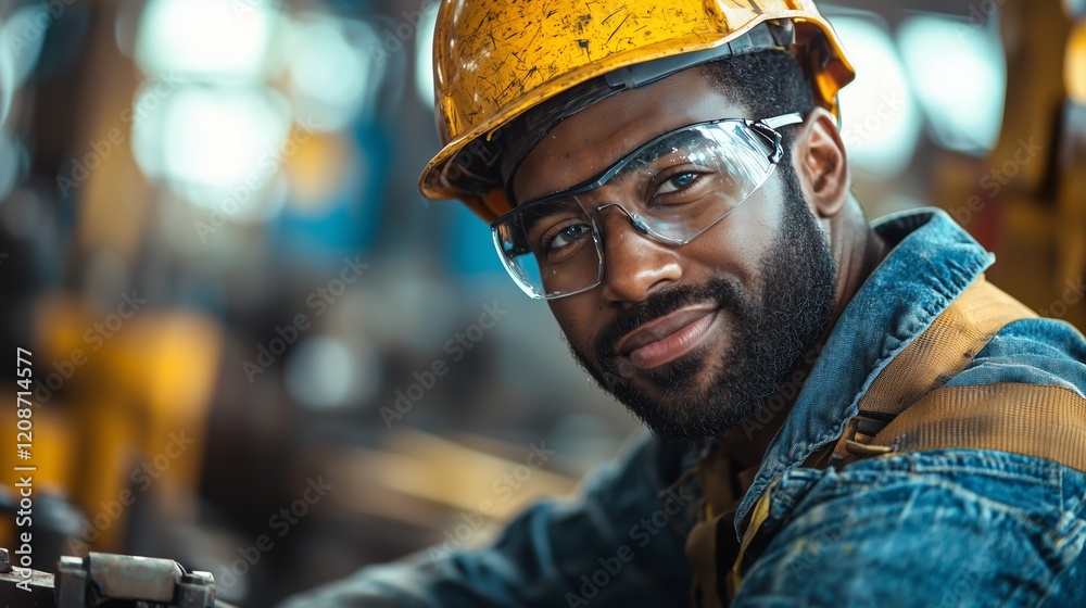 Close-up of a confident industrial worker wearing a hard hat and safety glasses, showcasing expertise and professionalism. Close-up of a confident industrial worker wearing a hard hat and safety glasses, showcasing expertise and professionalism.