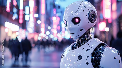 Futuristic Robot with Glowing Eyes Stands in Neon-Lit City Street Amidst Crowds of People at Night