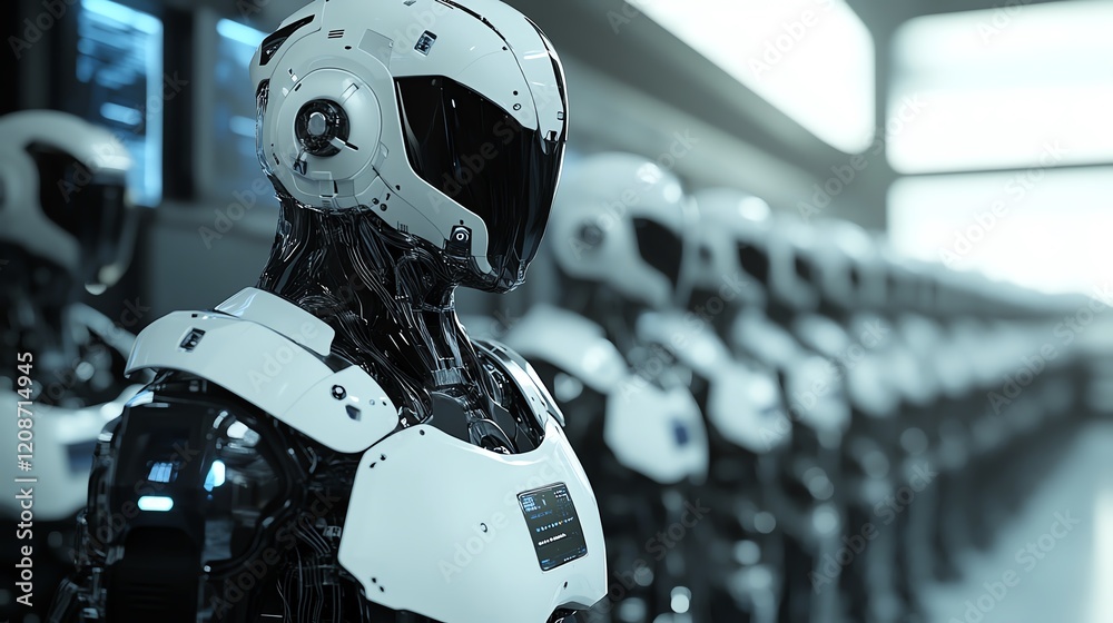 Advanced Humanoid Robots Lined up in a Futuristic Facility Showcasing Technology and Design in a Modern Environment Advanced Humanoid Robots Lined up in a Futuristic Facility Showcasing Technology and Design in a Modern Environment
