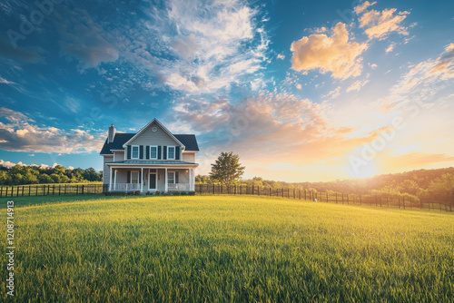 A house surrounded by a green field of grass with a wooden fence in a rural landscape during clear blue sky