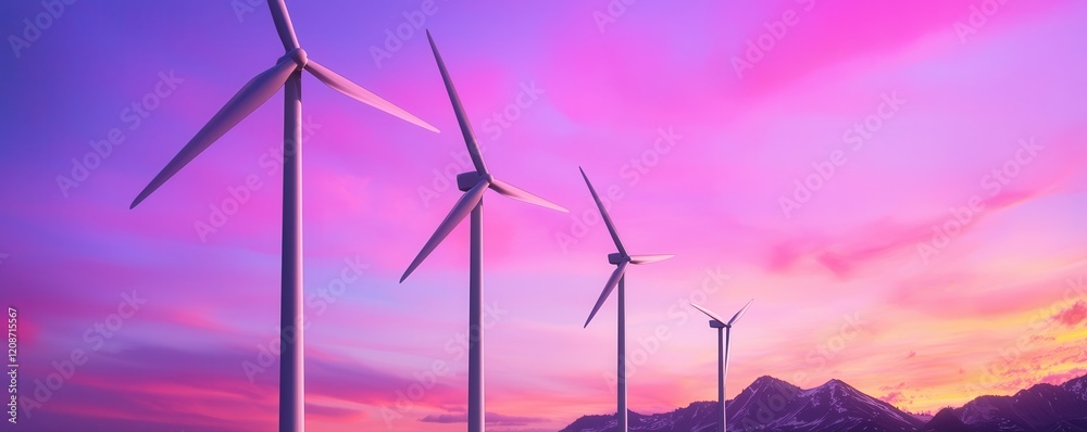 Fototapeta premium clean energy wind management Concept. Wind turbines against a vibrant sunset sky with mountains in the background.