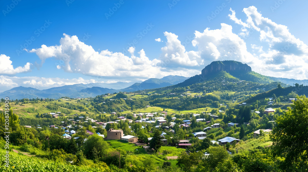 Obraz premium Mountain village panorama idyllic scenery, lush greenery, houses nestled in hills, sunny sky. Ideal for travel brochures