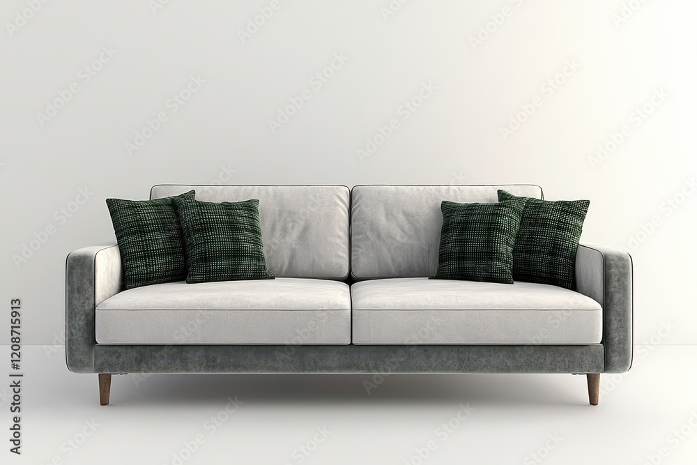Naklejka premium Modern gray fabric sofa with two seat cushions. Green plaid pillows on both ends against a white studio background. Calm comfort and balanced style. For furniture ads and interior design mockups.